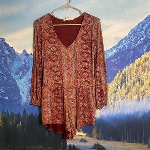 Billabong Boho Red Print Romper Long Sleeve Deep V-Neck Junior's Size Medium
